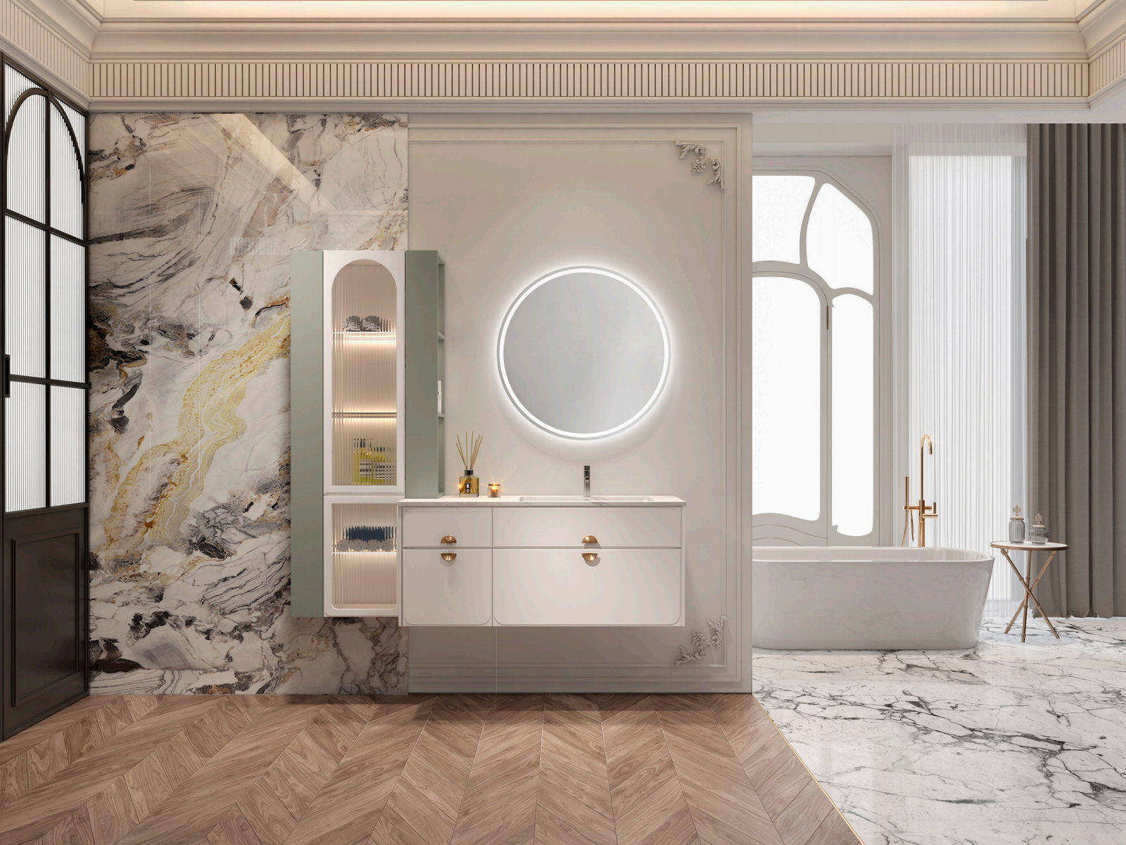 Phòng tắm Golden Home với tủ lavabo xanh sage phối trắng, gương tròn hắt sáng và bồn tắm đặt sàn