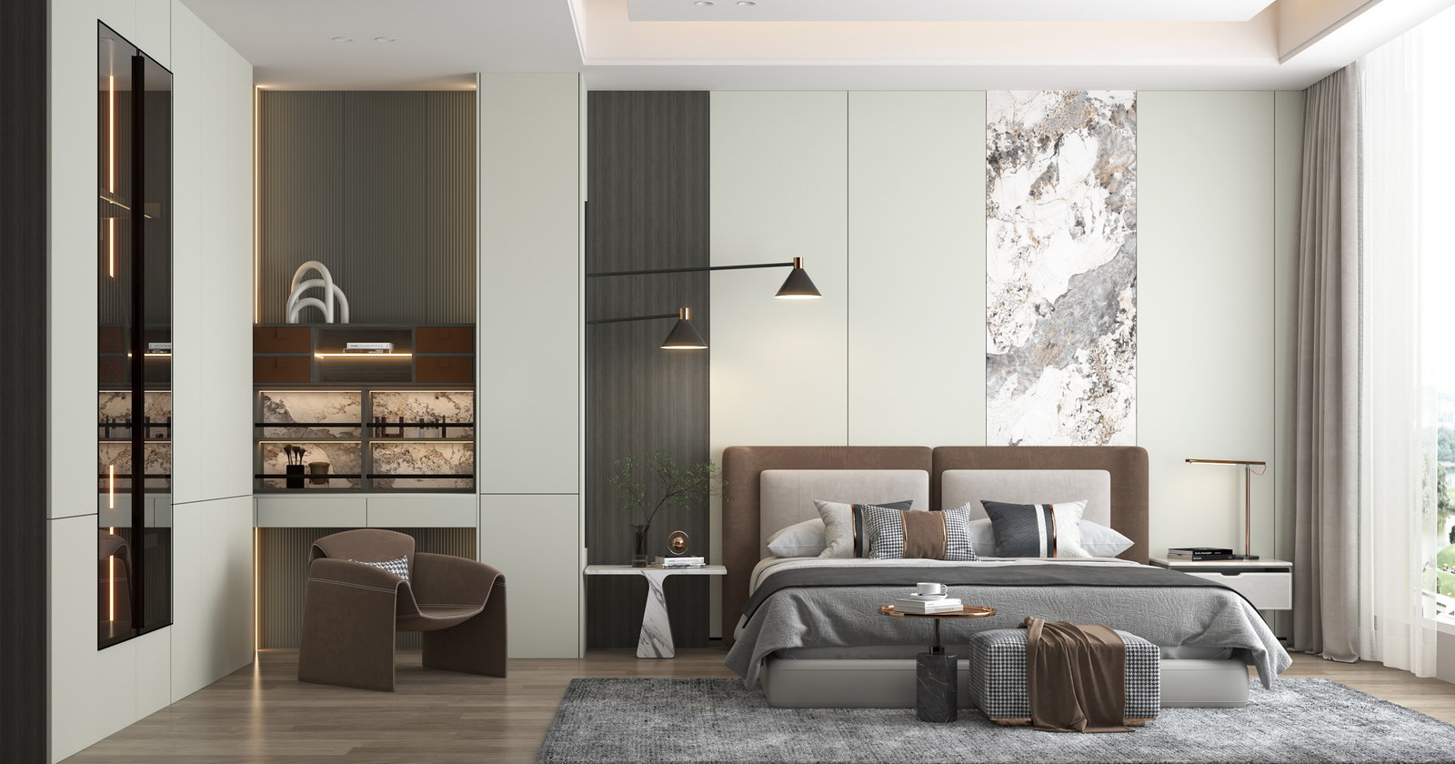 Phòng ngủ Golden Home với giường bọc nâu và tường tủ áo âm màu xanh bạc hà