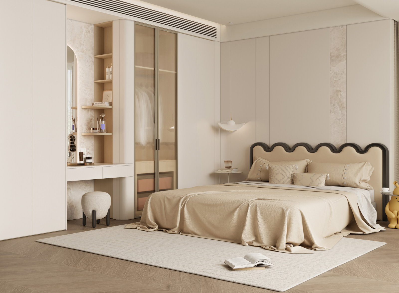 Phòng ngủ Golden Home tông kem với đầu giường bo cong, tủ áo cánh gương và bàn trang điểm âm tường