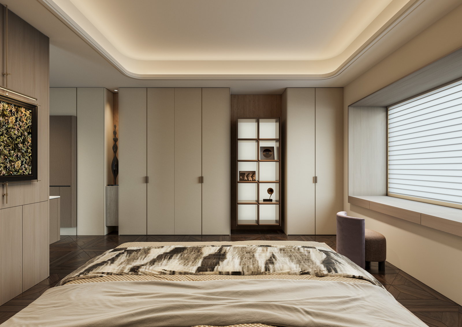 Phòng ngủ Golden Home với tủ áo màu kem kịch trần và hốc trưng bày có đèn
