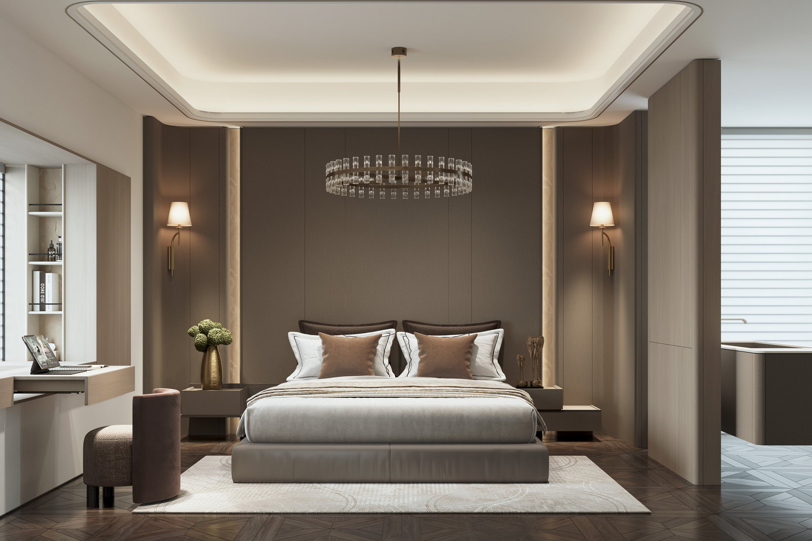 Phòng ngủ Golden Home với tường đầu giường ốp nan màu nâu xám, đèn tường và đèn chùm pha lê