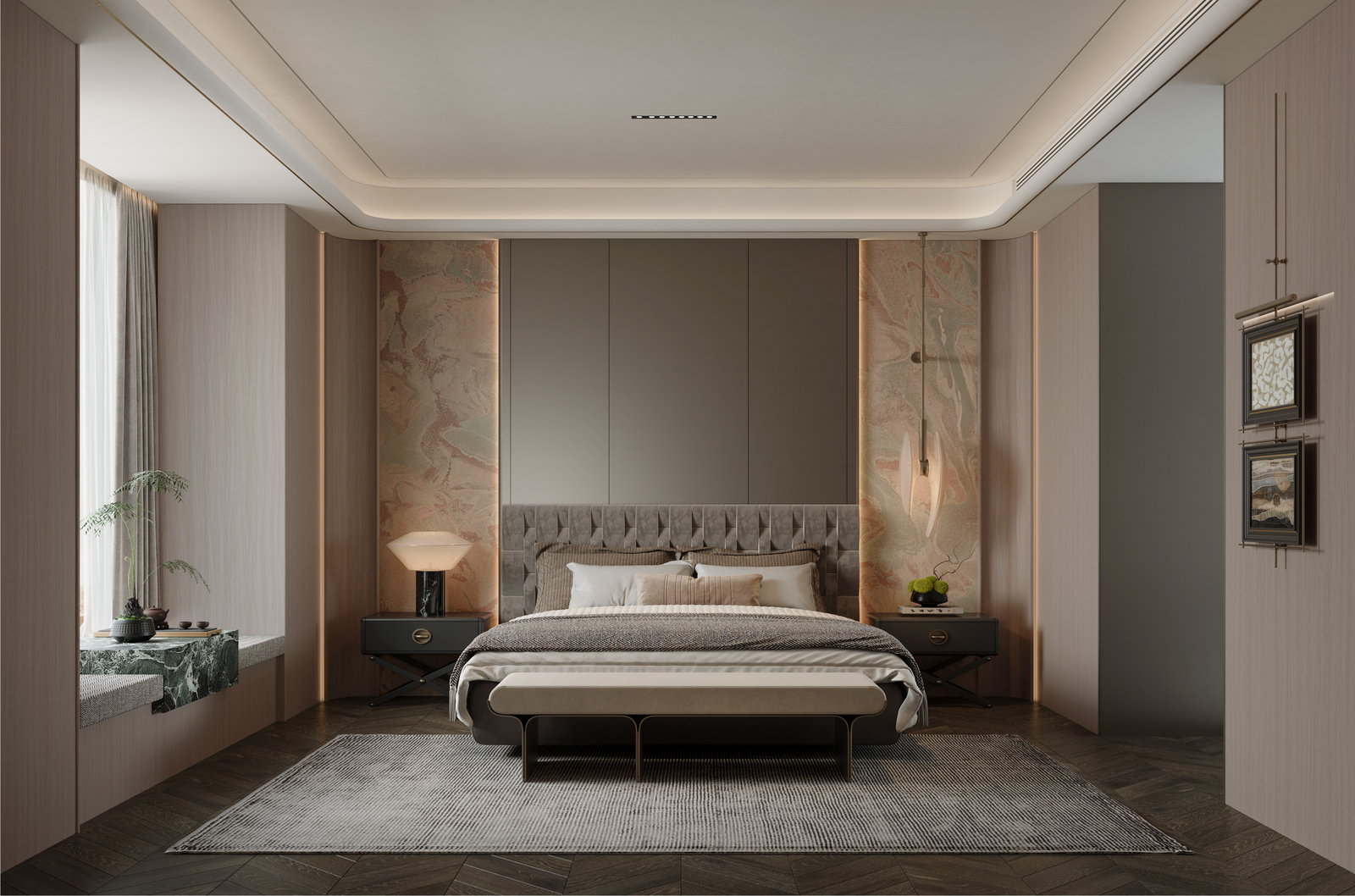 Phòng ngủ Golden Home với đầu giường bọc rãnh màu xám và mảng đá marble trang trí