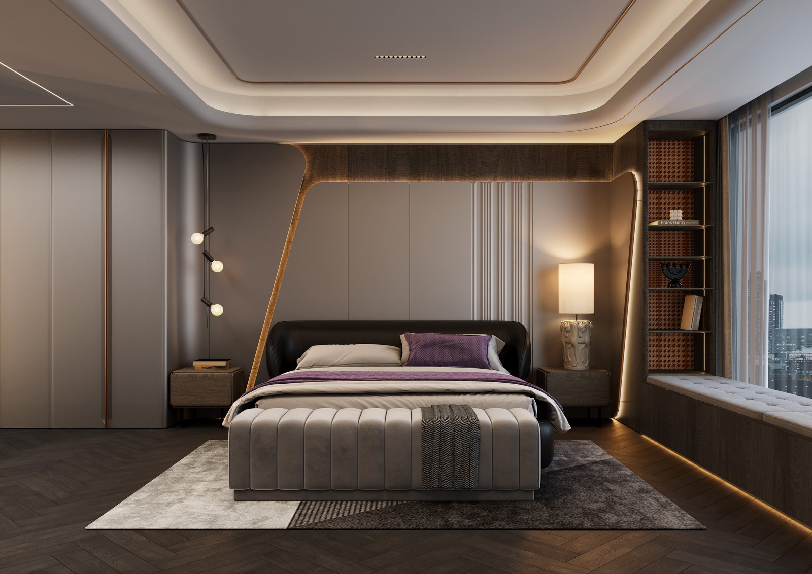 Phòng ngủ Golden Home với giường bọc xám, chăn ga tím và khung đầu giường bo cong hắt sáng
