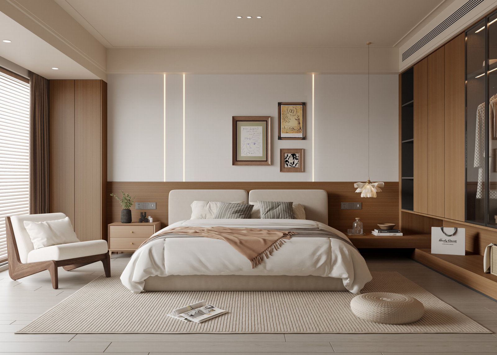 Phòng ngủ Golden Home với tường đầu giường gỗ sồi sáng và tủ áo âm cánh kính