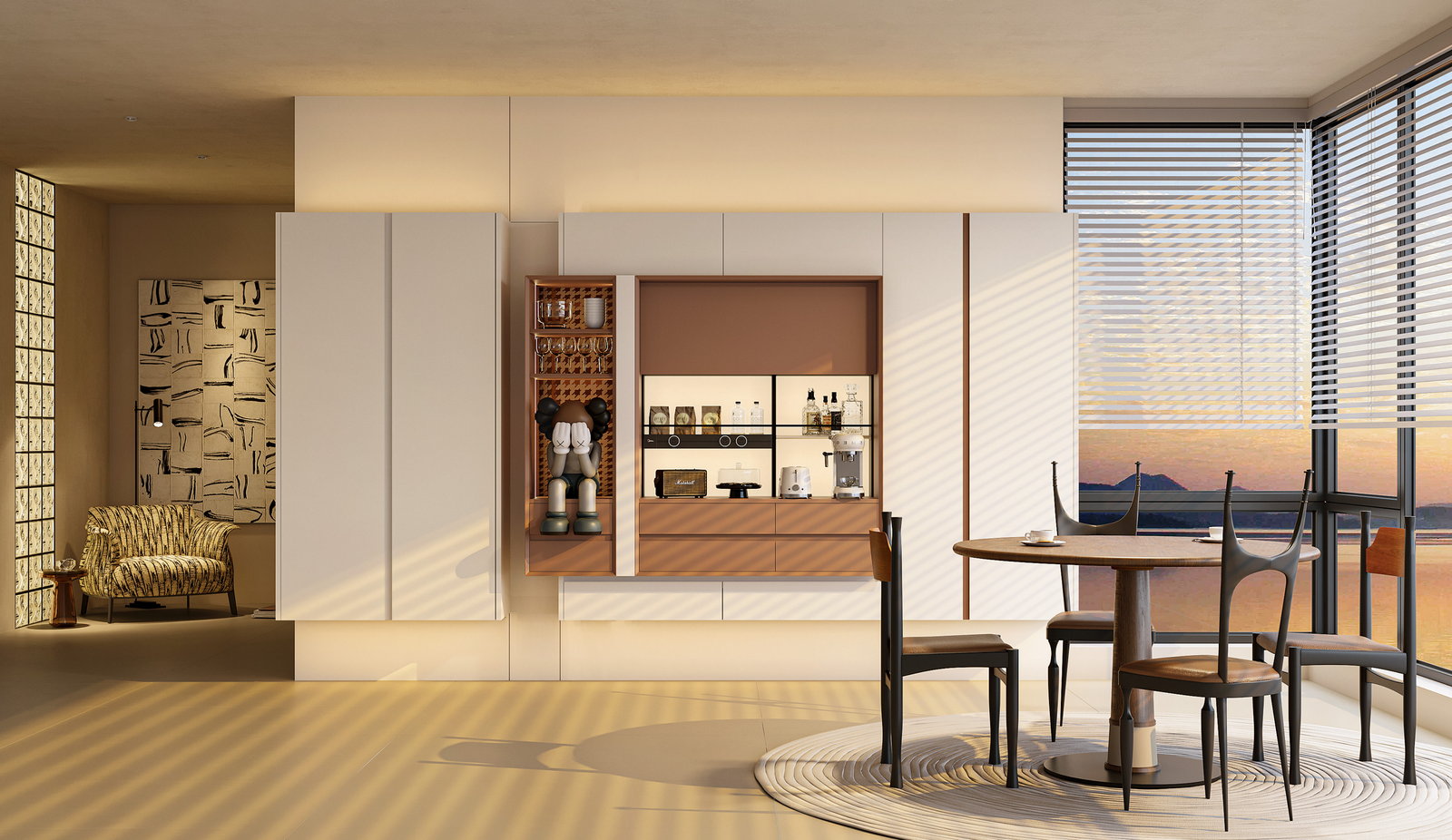 Khu ăn Golden Home với bàn gỗ tròn và tủ cà phê, đồ uống lót đồng
