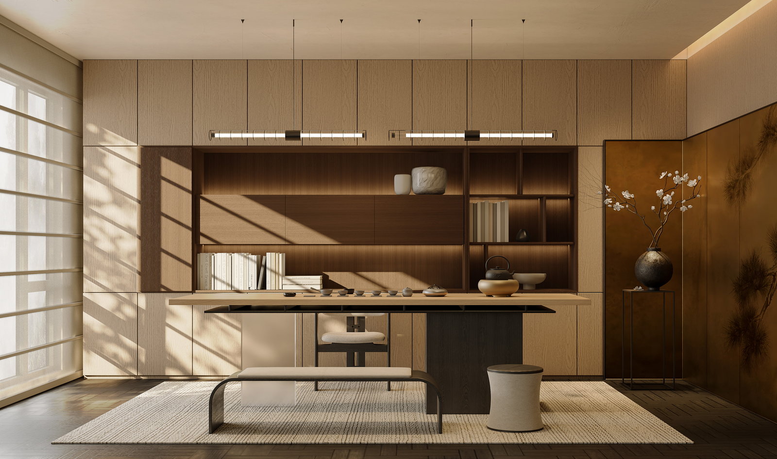 Đảo bàn ăn gỗ sồi Golden Home mặt đá, ghế băng và tường tủ kịch trần