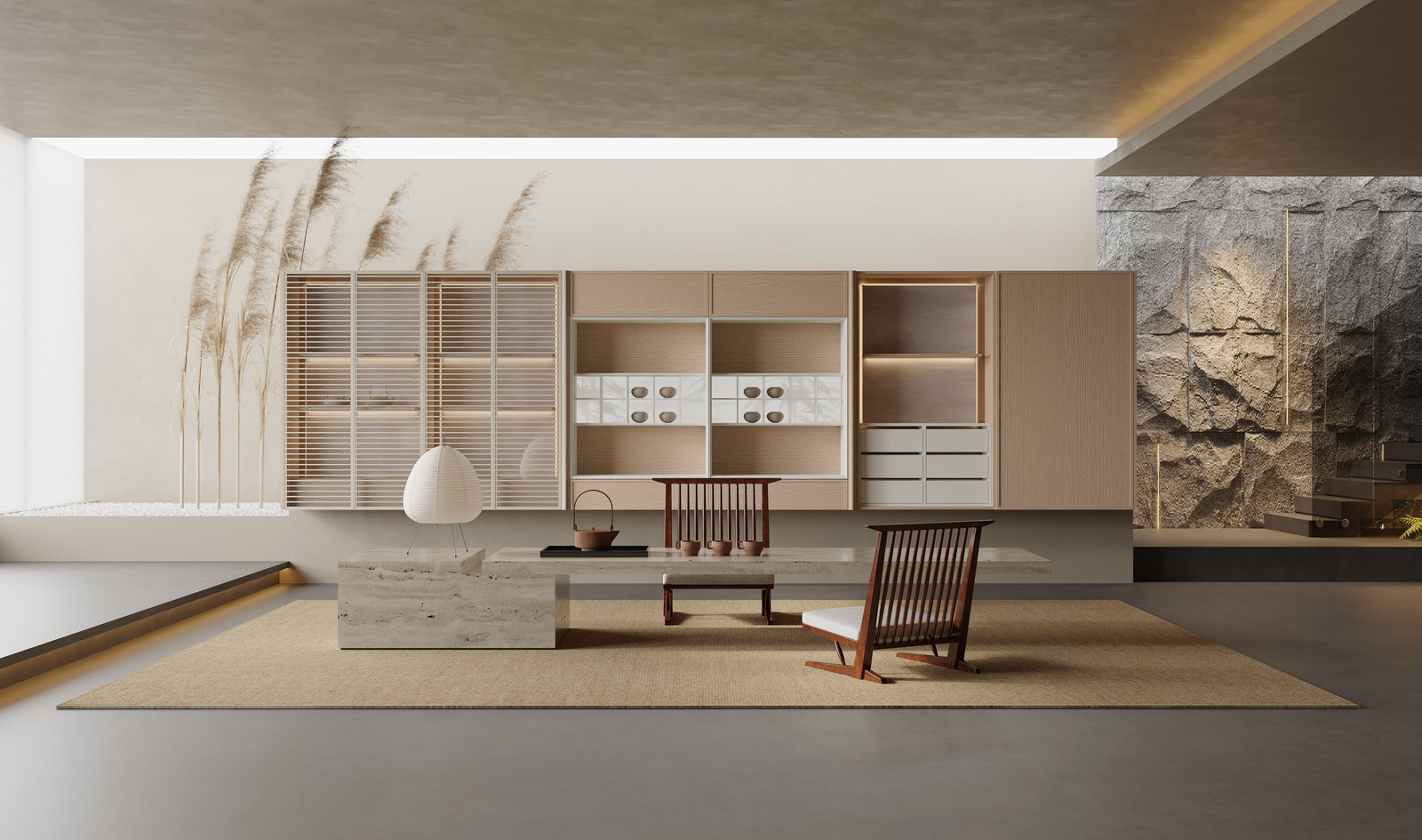 Tủ thấp trưng bày gỗ sồi sáng Golden Home với bàn trà đá travertine và ghế gỗ