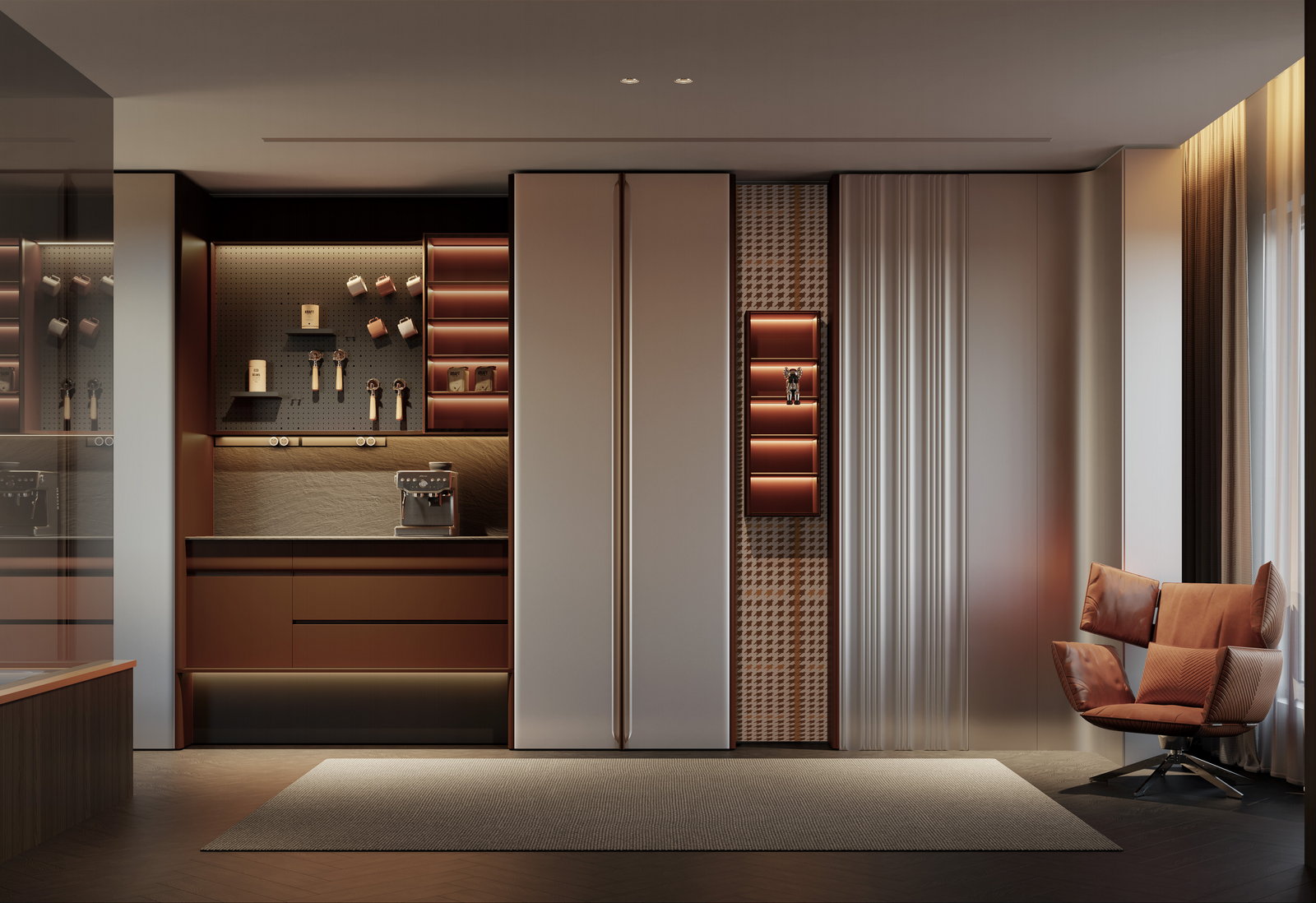 Quầy bar và tủ cà phê Golden Home tông đồng và champagne với cánh trượt