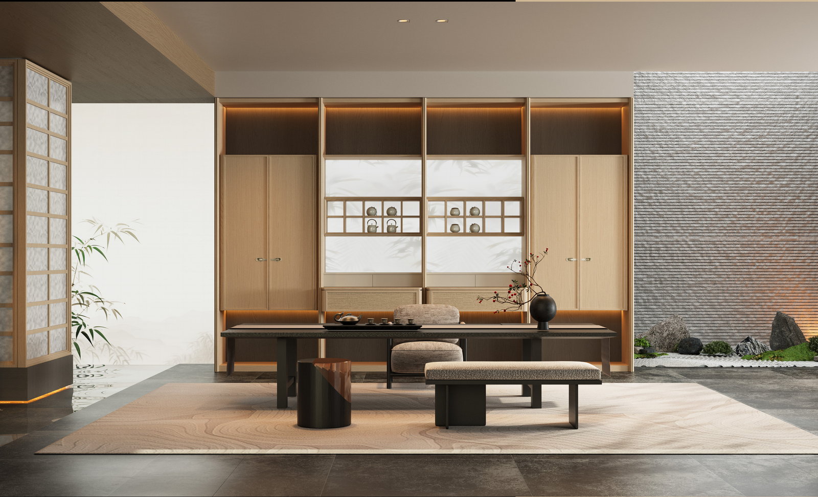 Phòng ăn và phòng trà gỗ sồi sáng Golden Home với bàn dài, ghế băng và tường tủ