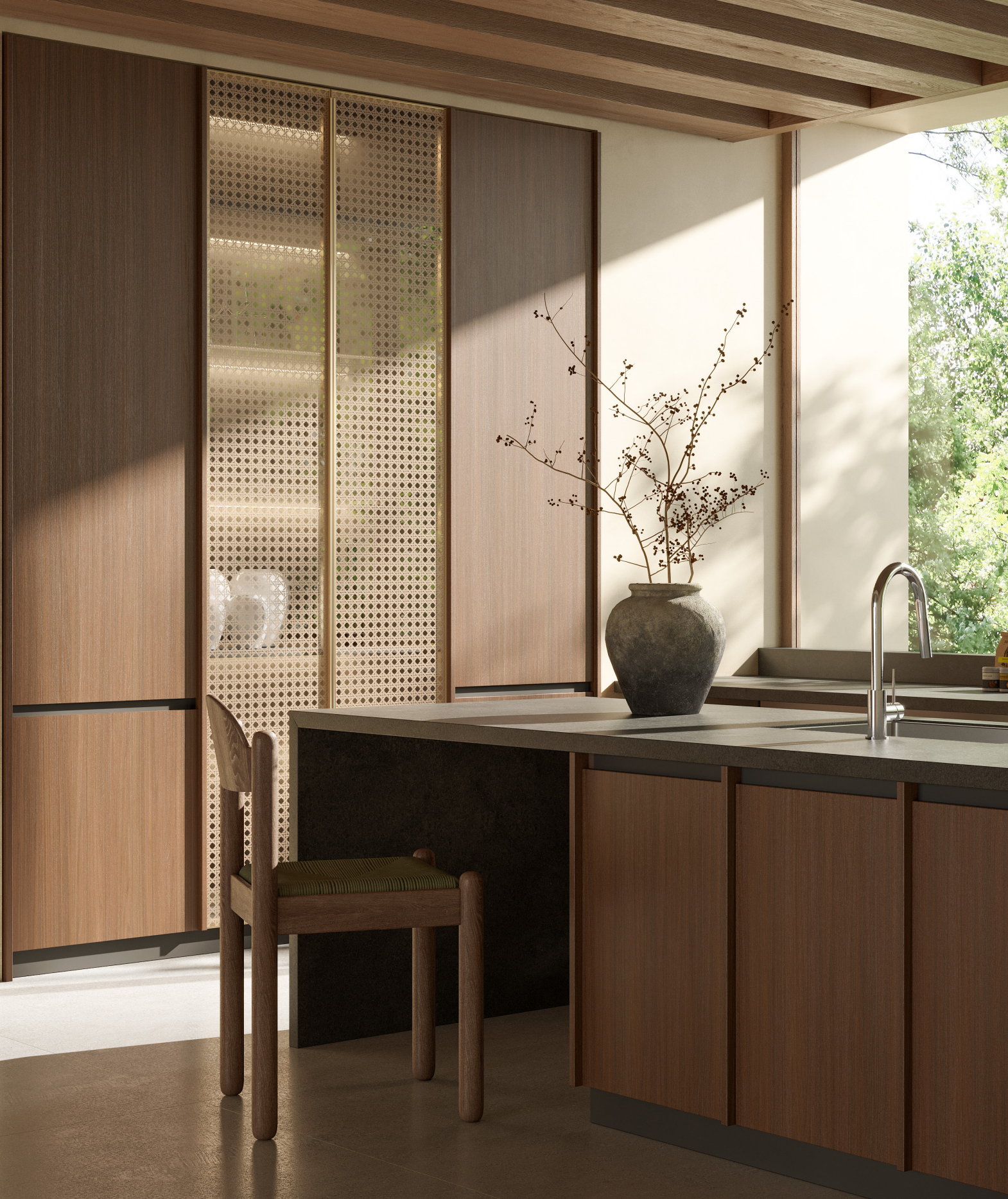 Đảo bếp Golden Home gỗ óc chó, mặt đá, chậu rửa âm và hệ tủ cao nan mây