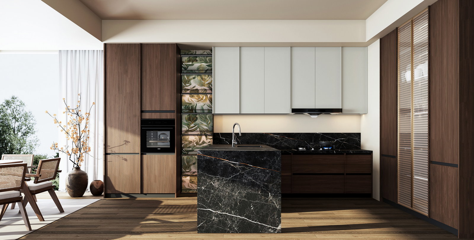 Tủ bếp Golden Home với đảo đá marble đen, tủ cao gỗ óc chó và tủ treo xám nhạt