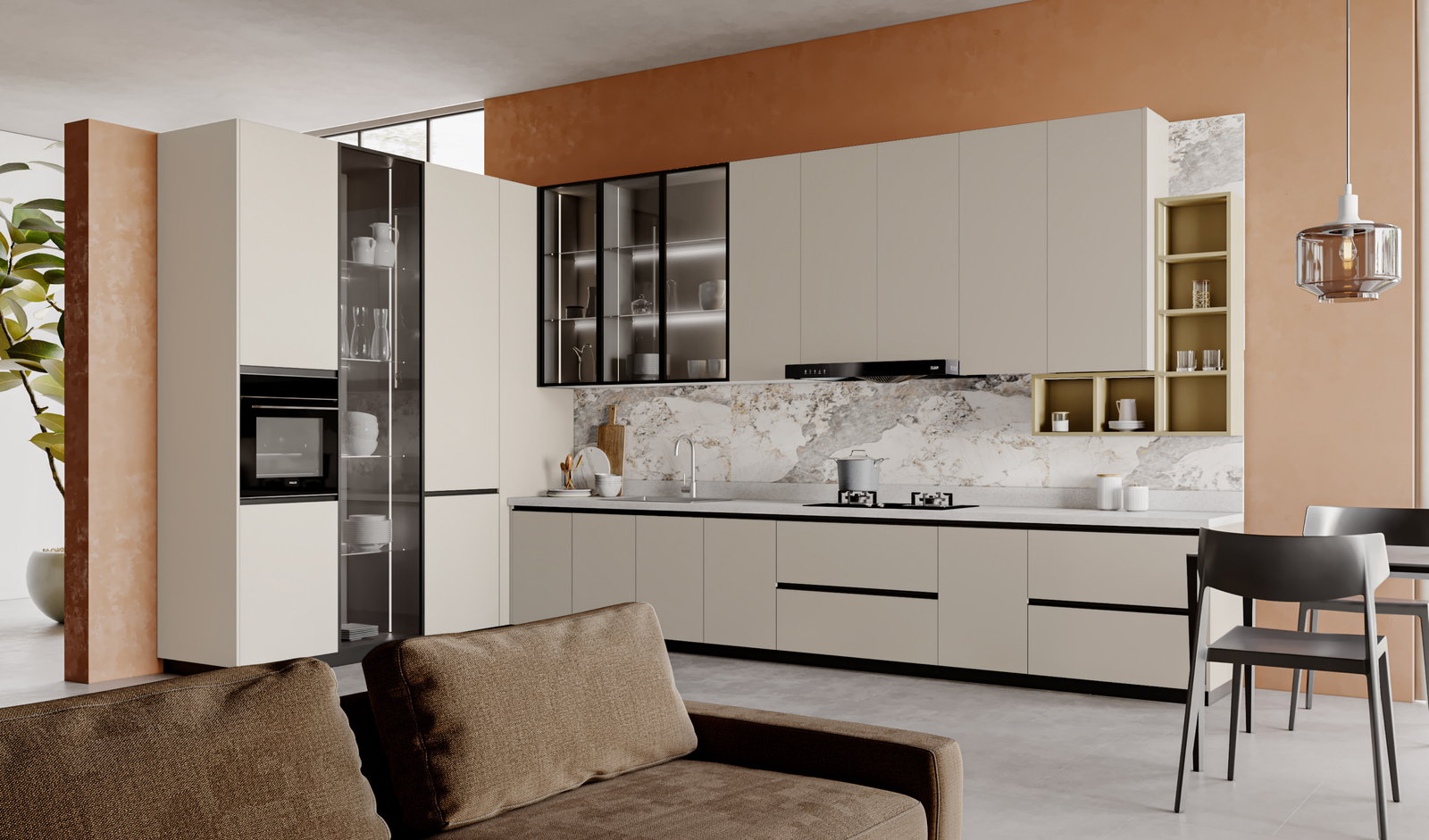 Tủ bếp Golden Home màu trắng, ốp bếp đá marble, khối trần đất nung và không gian sinh hoạt mở