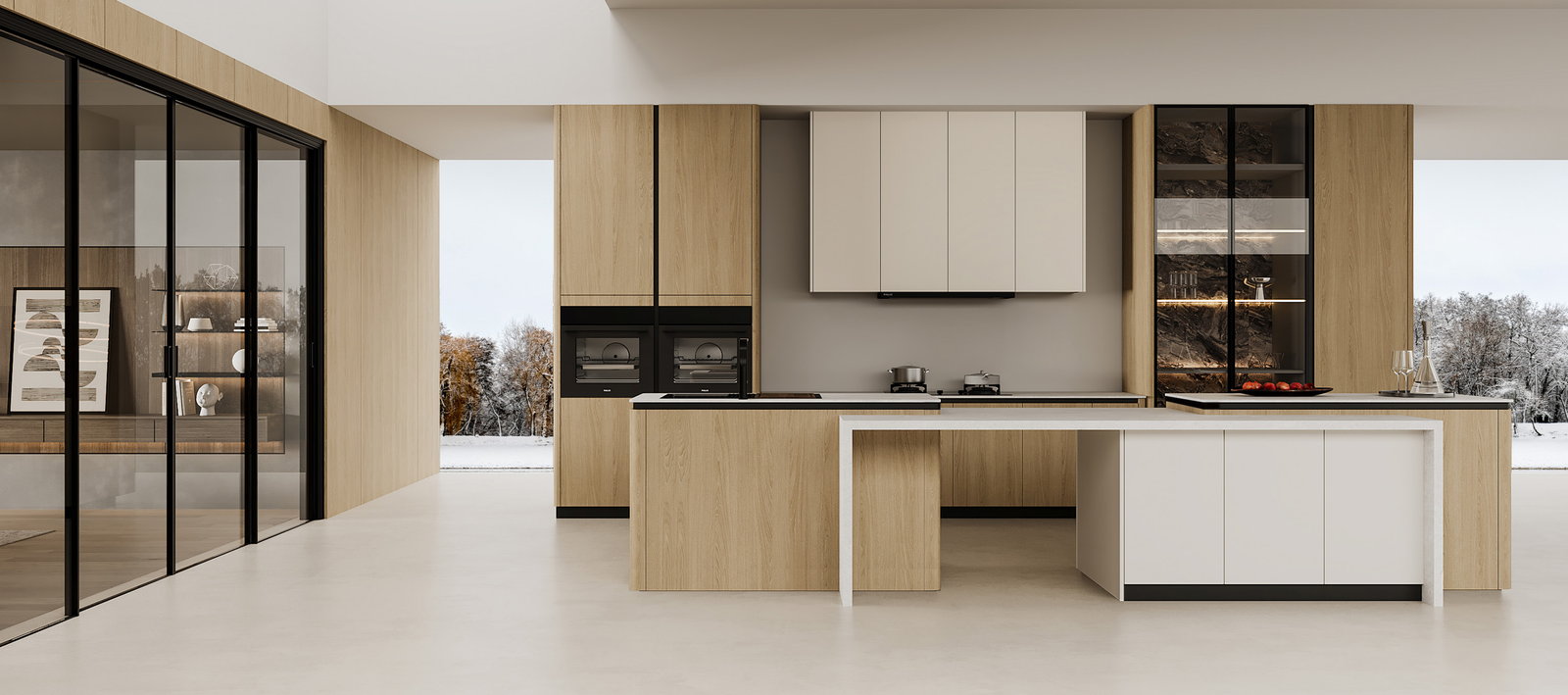Tủ bếp Golden Home gỗ sồi sáng và trắng, hai đảo bếp sau vách kính khung đen