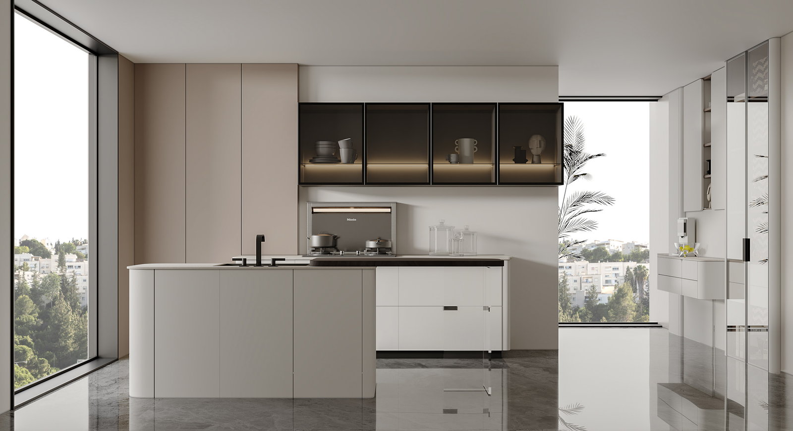 Tủ bếp Golden Home sơn bóng trắng với đảo bếp bo cong và cửa kính kịch trần nhìn ra thành phố