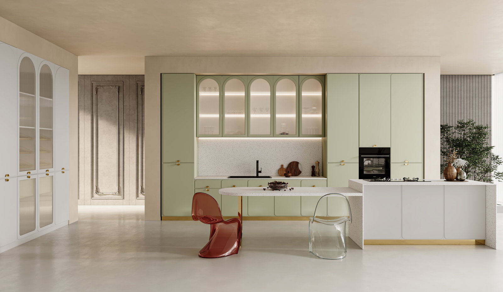 Tủ bếp Golden Home màu xanh bạc hà với tủ kính vòm và đảo bếp trắng