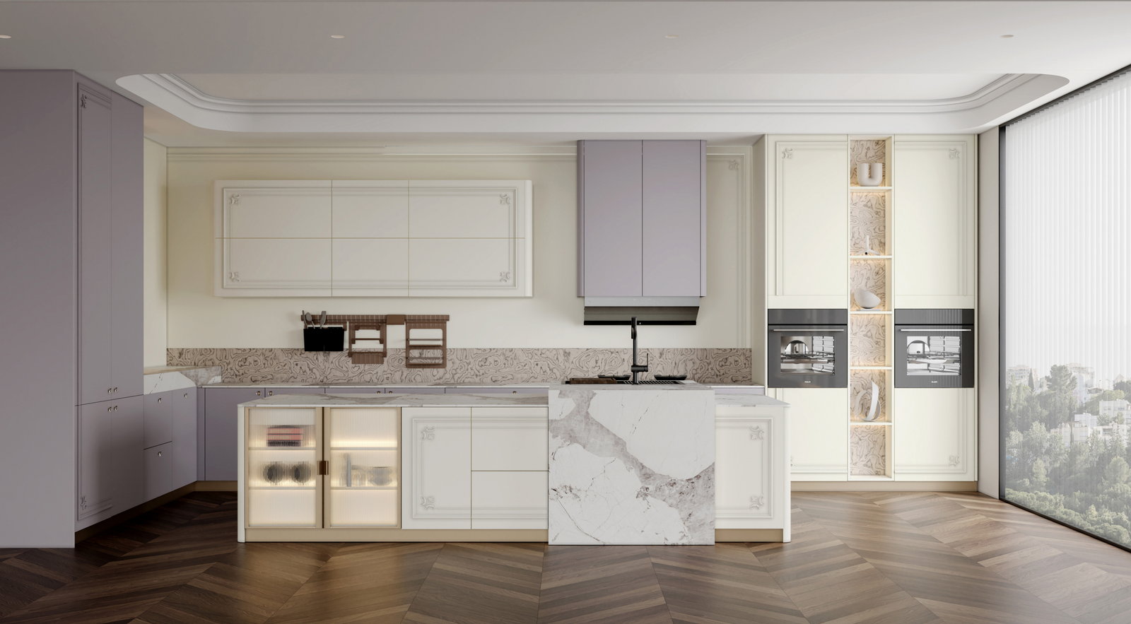 Tủ bếp Golden Home tân cổ điển tông tím nhạt và kem, đảo đá marble trắng trên sàn gỗ xương cá