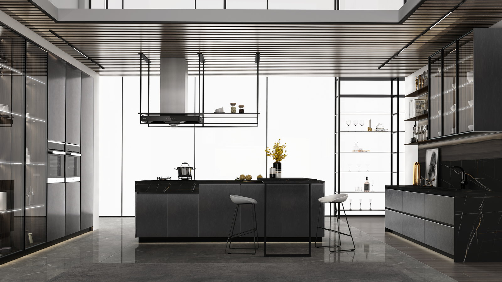 Tủ bếp Golden Home màu đen với đảo bếp mặt đá, ghế bar và hệ hút mùi treo thanh