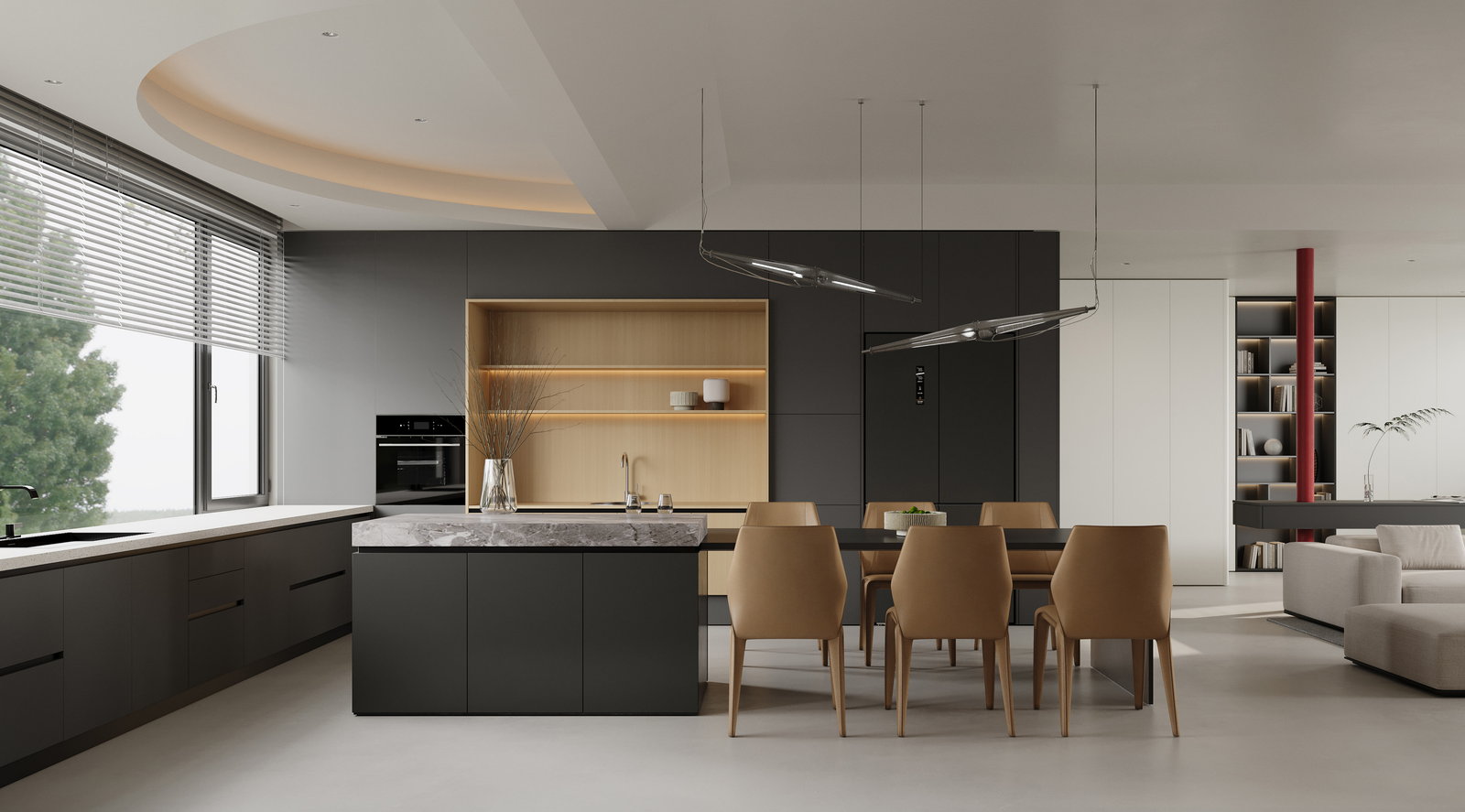 Tủ bếp Golden Home tông tối với đảo bếp mặt đá nối liền bàn ăn gỗ sáng màu