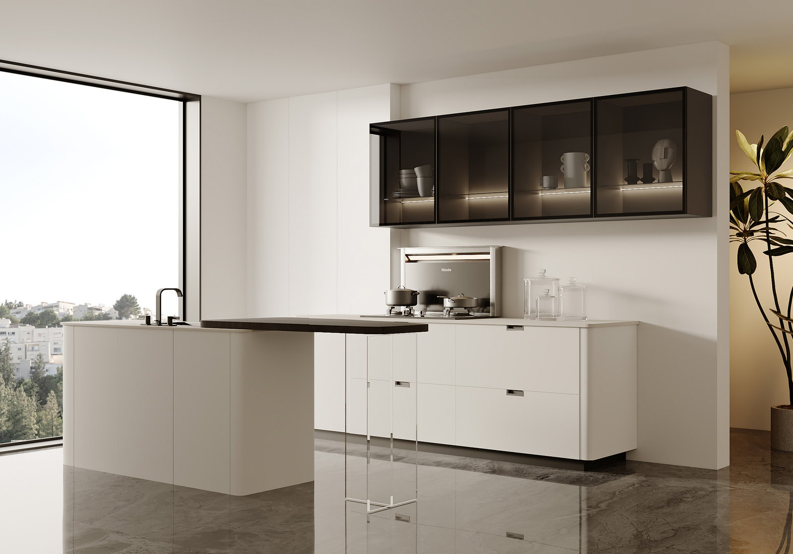 Bán đảo bếp Golden Home màu trắng với mặt đá tối và tủ treo kính khói