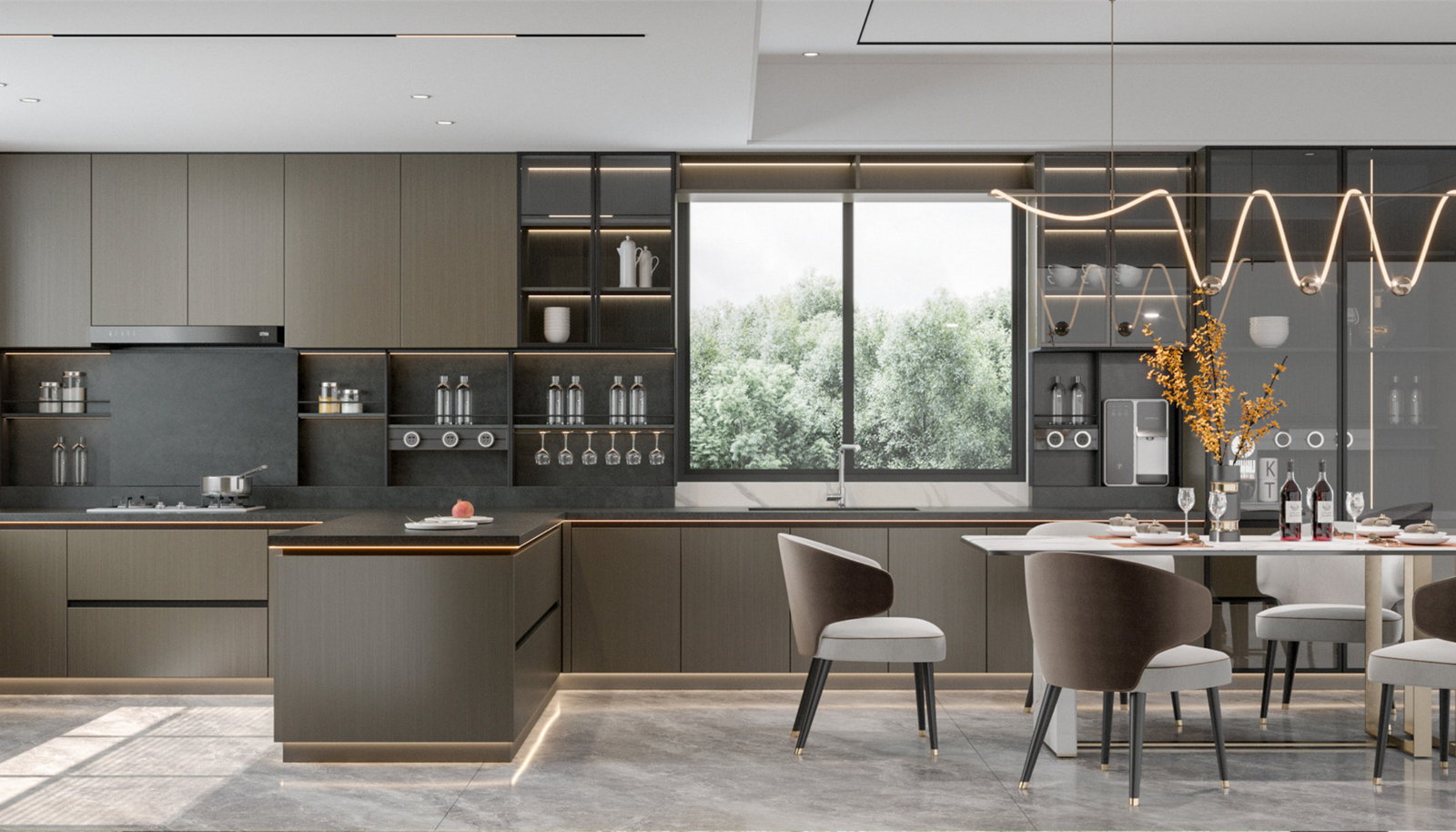 Tủ bếp Golden Home màu xám ô liu với đảo bếp và bàn ăn liền kề bên cửa sổ