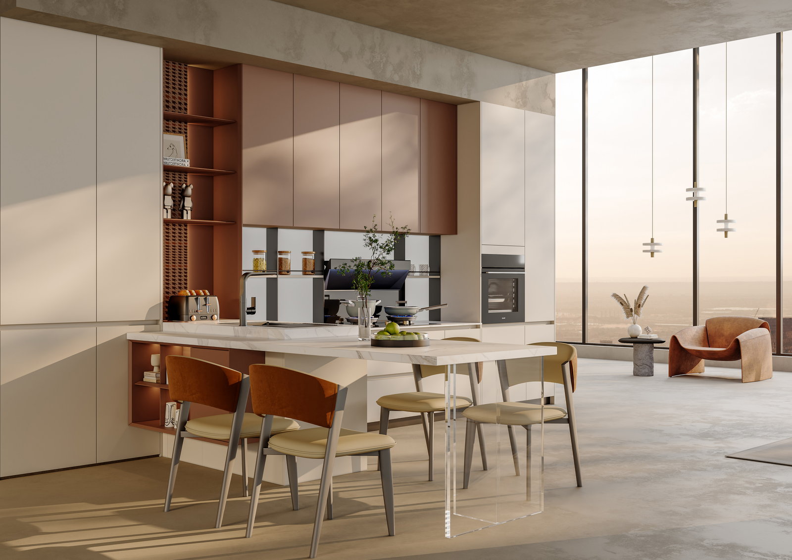 Tủ bếp Golden Home tông kem và đất nung với đảo bếp kéo dài thành quầy ăn
