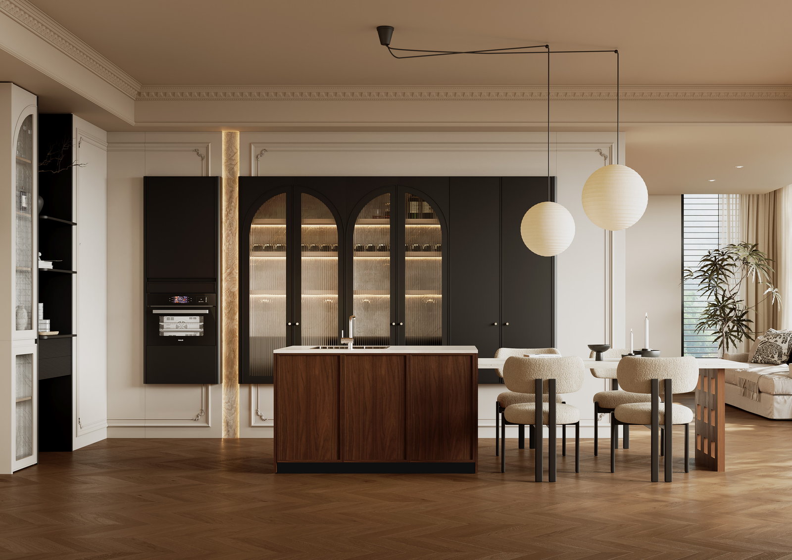 Tủ bếp Golden Home màu đen với tủ kính vòm và đảo bếp gỗ óc chó trên sàn gỗ xương cá