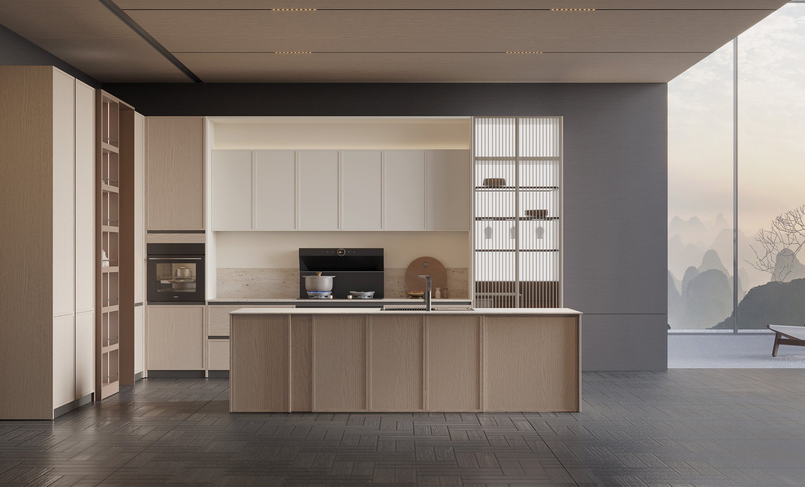 Đảo bếp Golden Home gỗ sồi sáng với tủ treo trắng và vách kính vân sọc