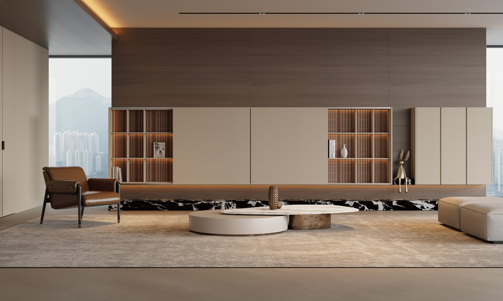 Phòng khách Golden Home với mảng tường tivi gỗ óc chó suốt chiều ngang, kệ mở và sofa thấp
