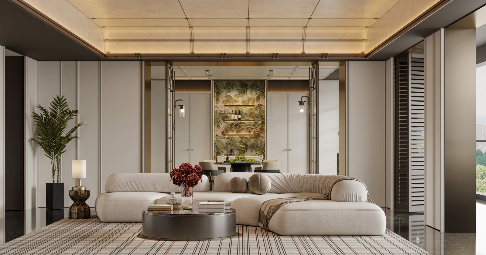 Phòng khách Golden Home với sofa bo cong màu kem, mảng tường đá và trần hắt sáng ánh vàng