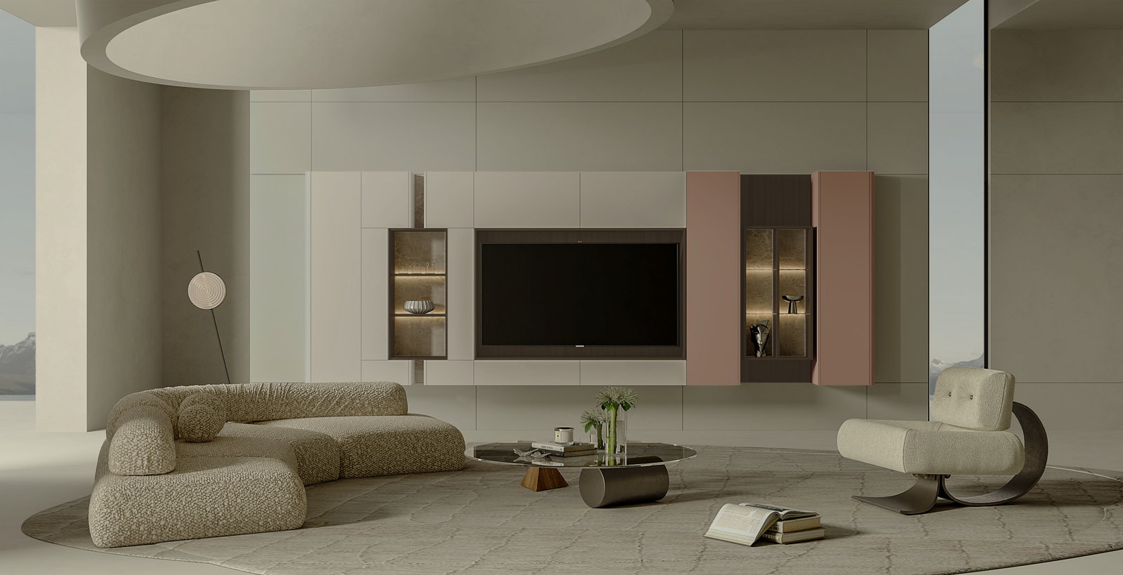 Phòng khách Golden Home với tường tivi tông nhạt, tủ kính hồng và sofa vải bouclé