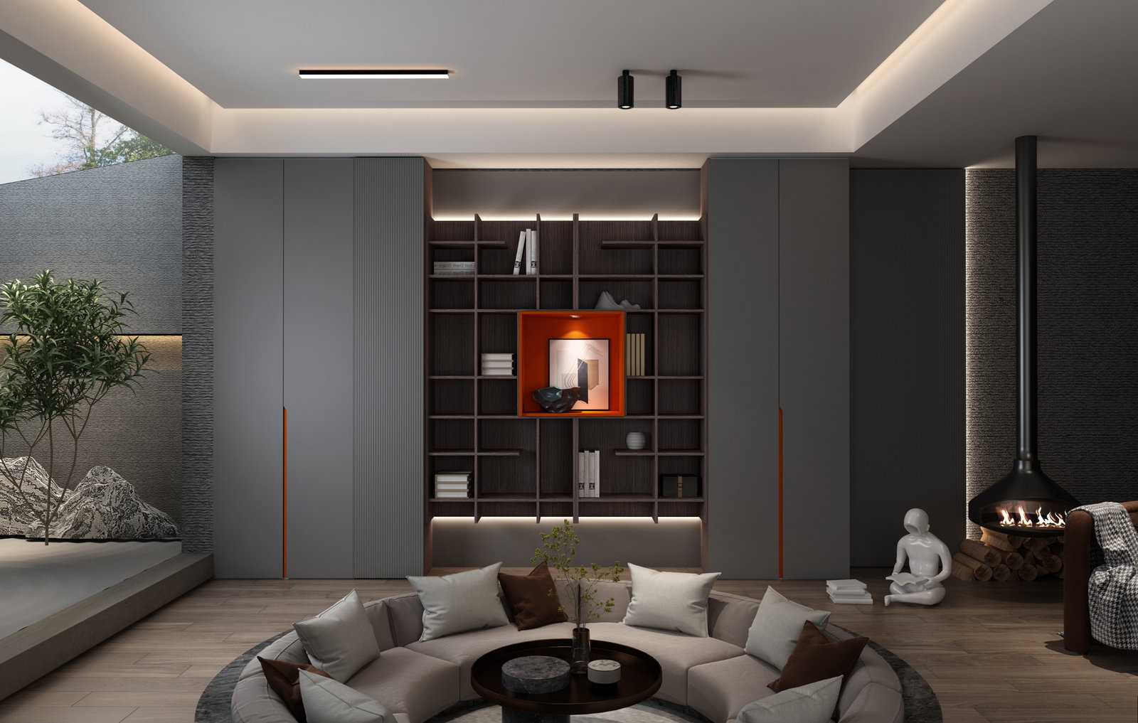 Phòng khách Golden Home với tường kệ sách mở màu xám đậm, sofa bo cong và lò sưởi