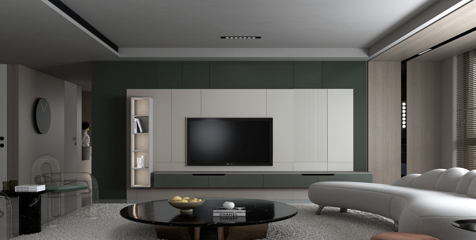 Phòng khách Golden Home với tường tivi trắng phối xanh lá và sofa trắng bo cong