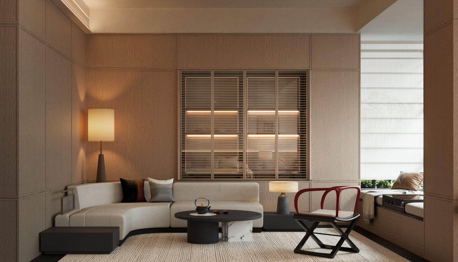Phòng khách Golden Home tông be với tủ trưng bày cánh lam và sofa kem thấp