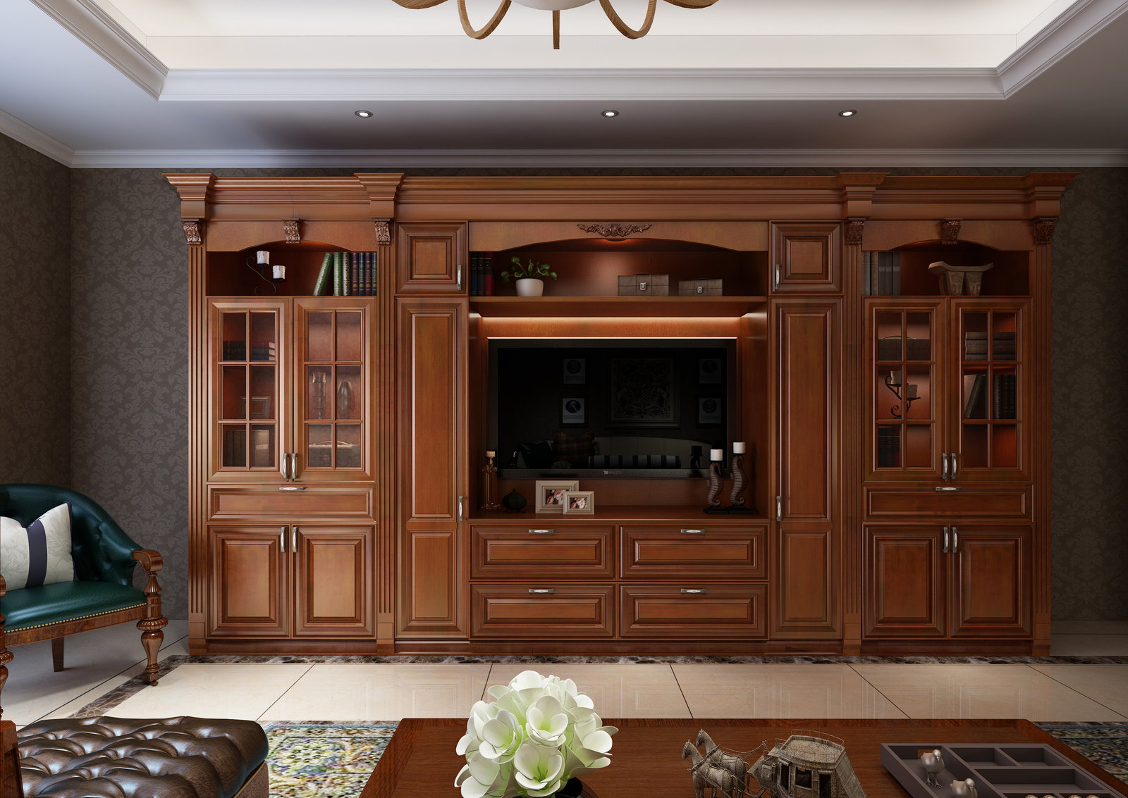 Tường tivi và tủ trưng bày gỗ anh đào cổ điển Golden Home với cánh kính, phòng khách truyền thống