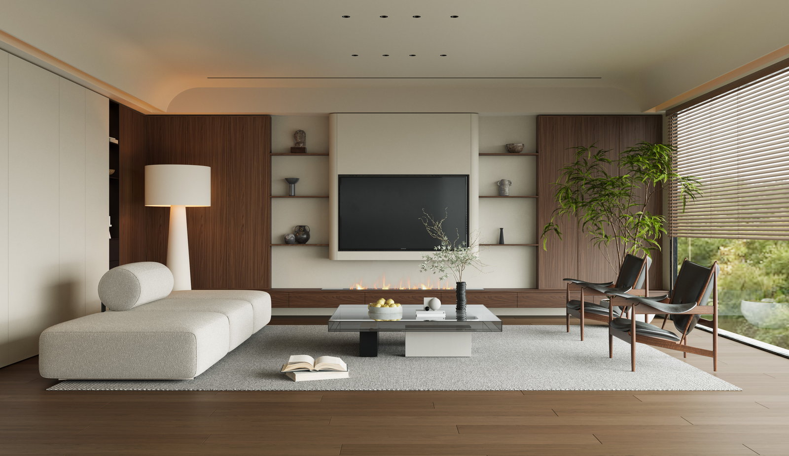 Phòng khách Golden Home với tường tivi gỗ óc chó, lò sưởi dạng dải và sofa trắng
