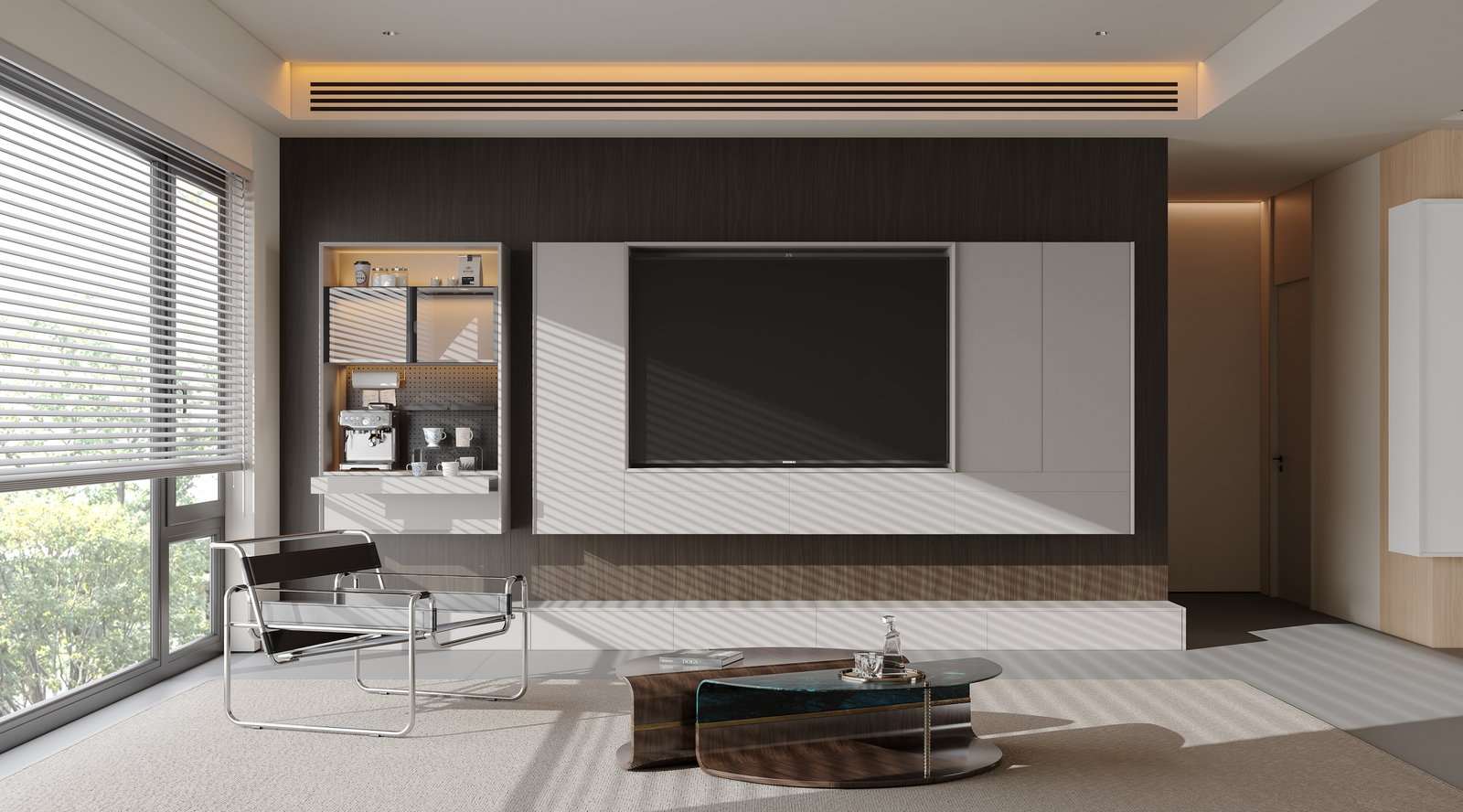 Phòng khách Golden Home với tường tivi xám, tủ kính trưng bày và ghế da