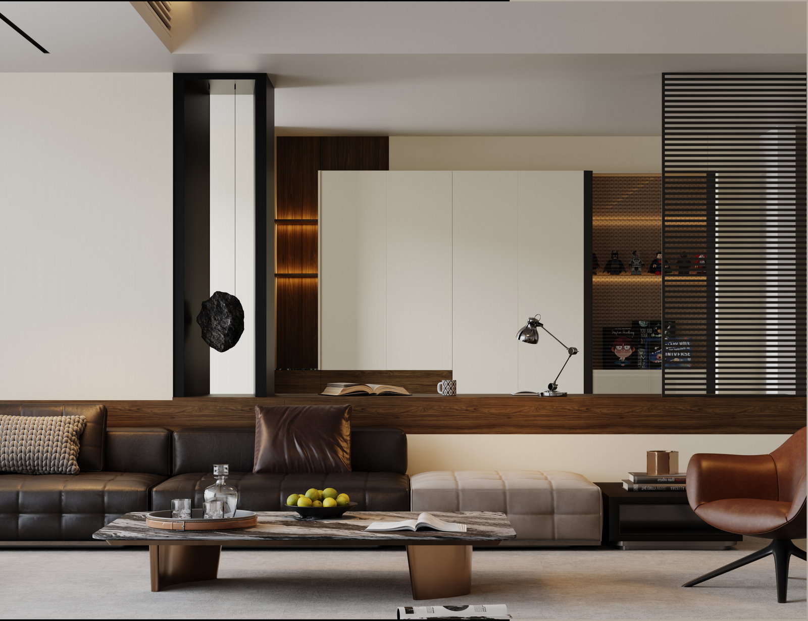 Phòng khách Golden Home với tường tủ console gỗ óc chó, sofa da sẫm và vách lam