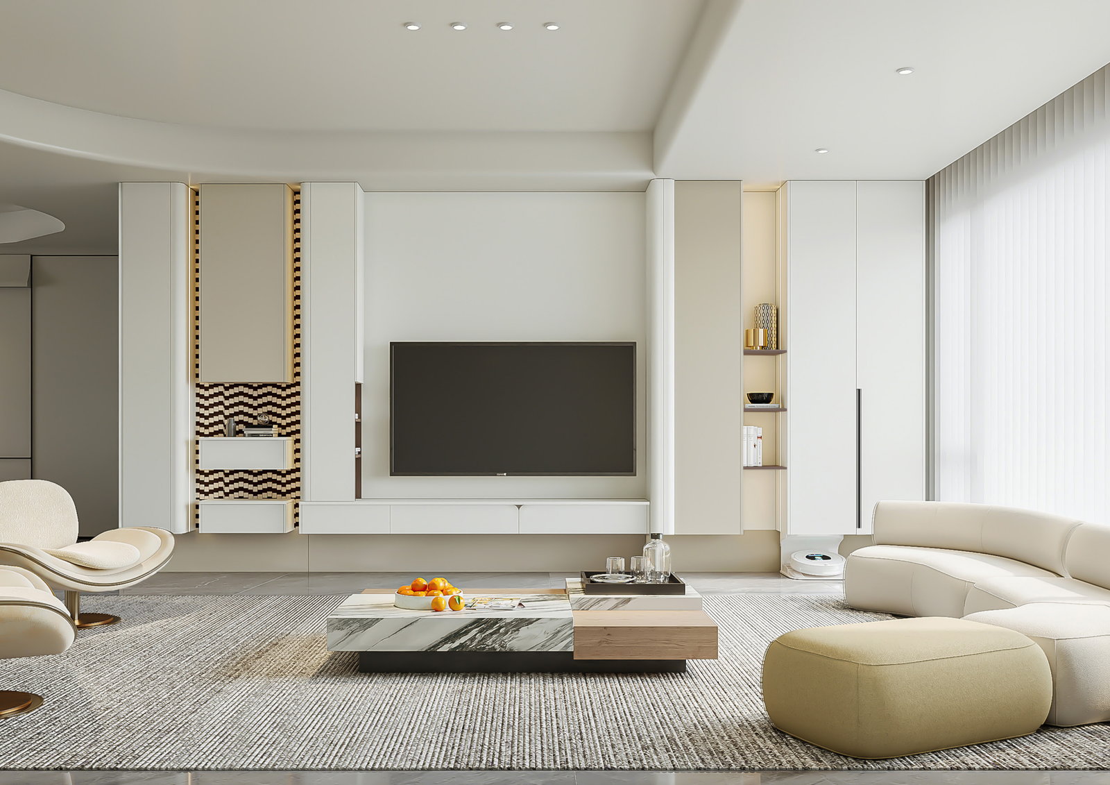 Phòng khách Golden Home với tường tivi trắng, hoa văn khảm và sofa màu kem