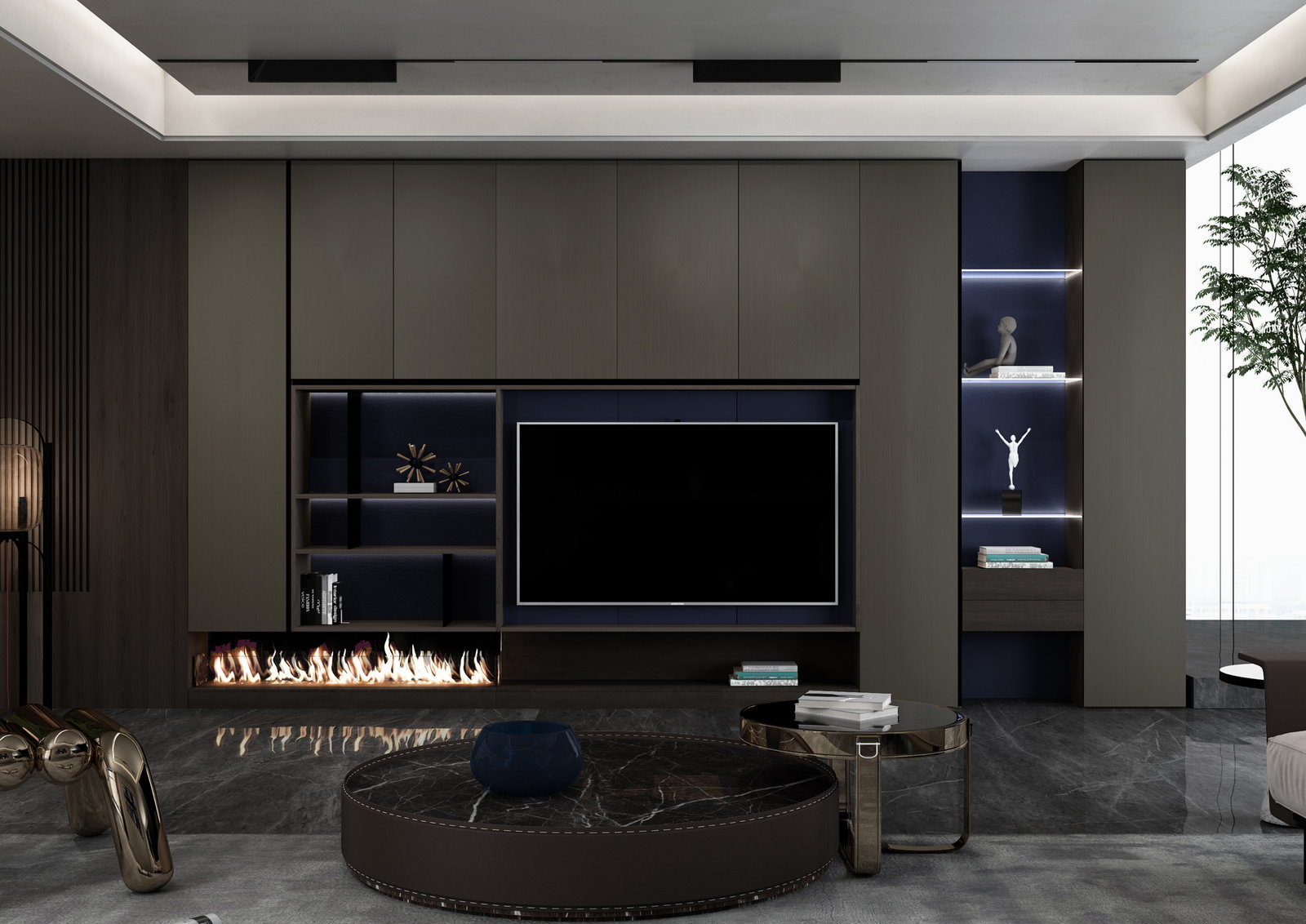 Phòng khách Golden Home với tường tivi xám đậm, hốc hắt sáng và lò sưởi dạng dải