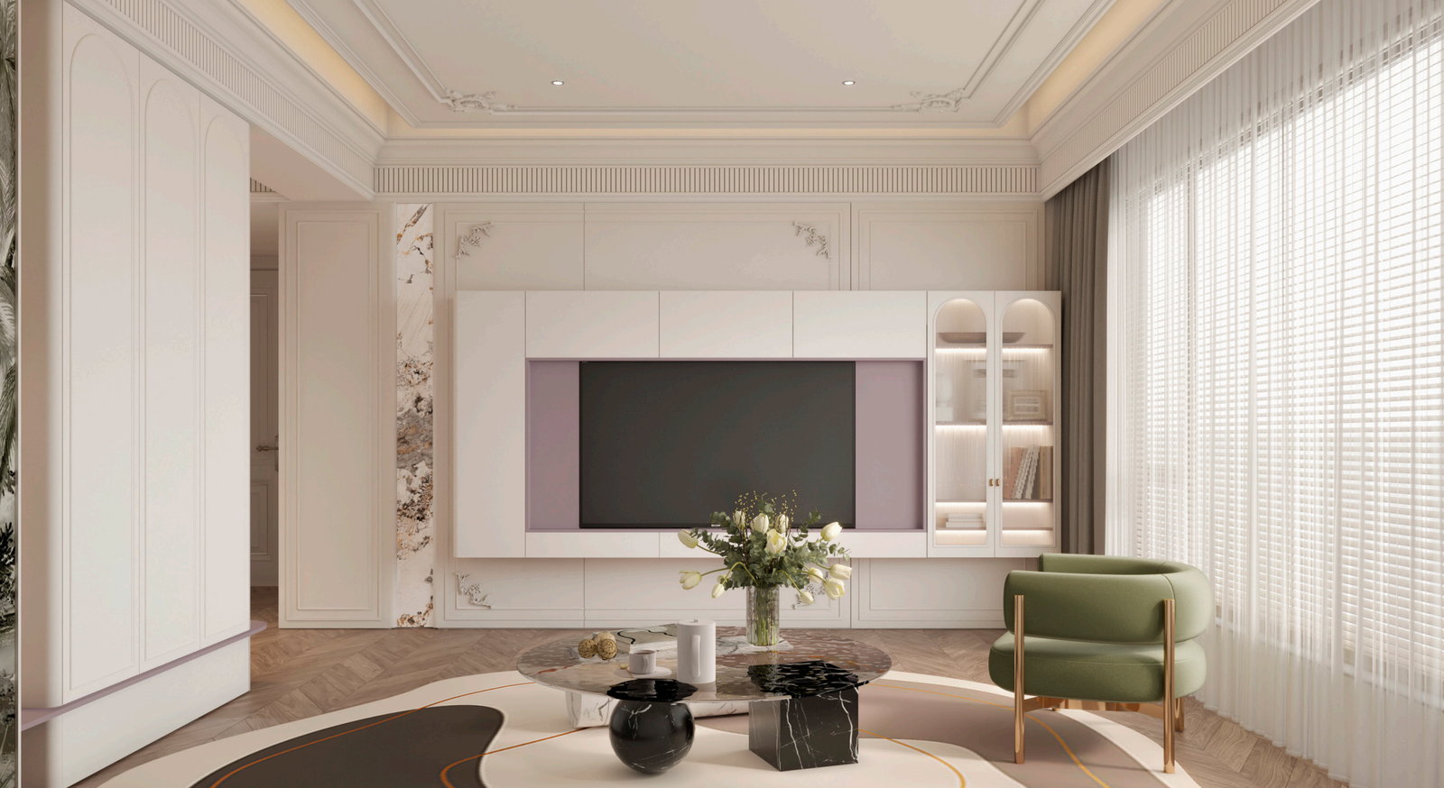 Phòng khách Golden Home với tường tivi trắng, mảng tím nhạt và ghế bành xanh lá