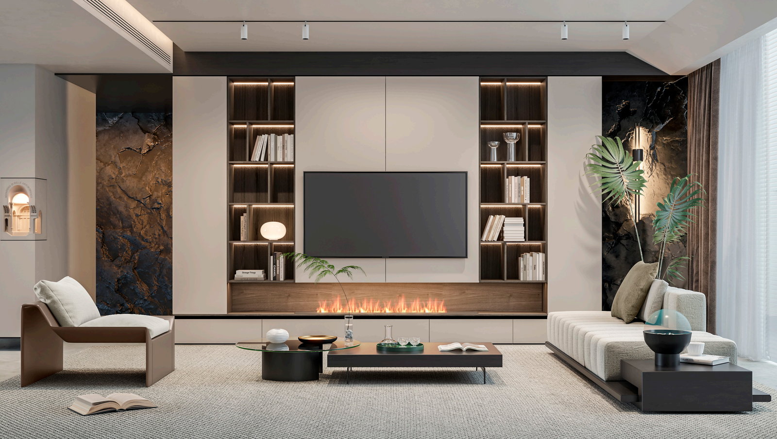 Phòng khách Golden Home với tường kệ sách gỗ sồi, lò sưởi dạng dải và mảng đá marble hai bên