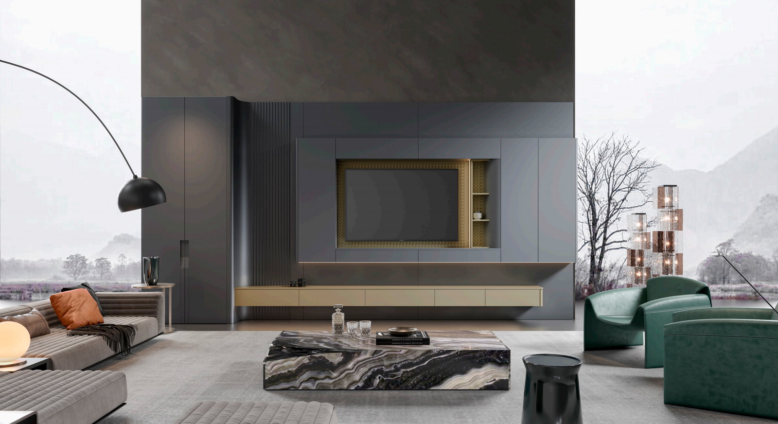Phòng khách Golden Home với tường tivi xám, hốc viền vàng và ghế xoay xanh lá