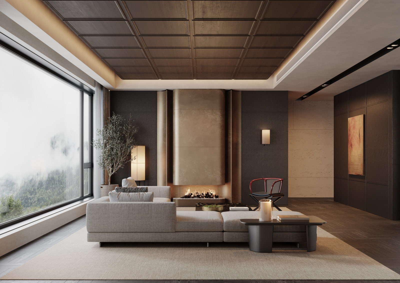 Phòng khách Golden Home tông xám ấm với trần gỗ ô vuông và cửa sổ toàn cảnh