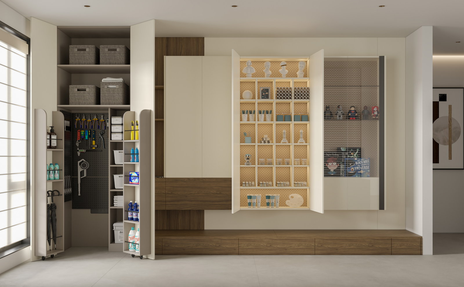 Tường tủ đồ dùng Golden Home với giá kéo đựng đồ vệ sinh và kệ mở để thực phẩm