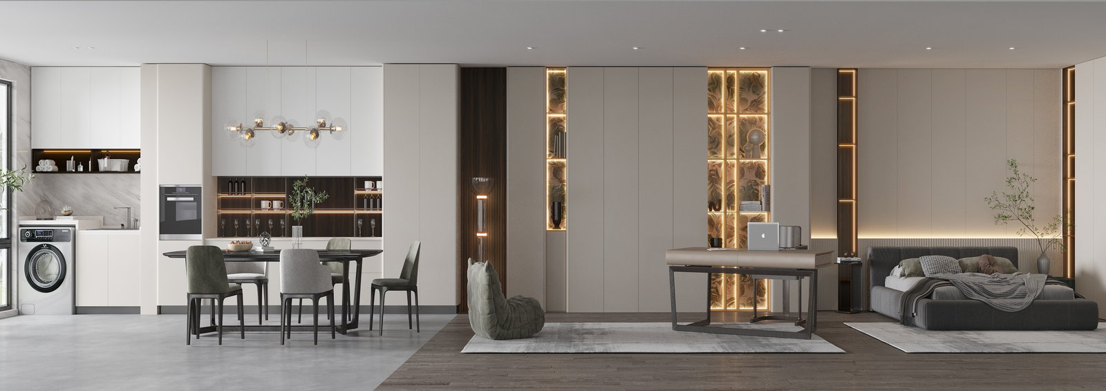 Căn hộ không gian mở Golden Home với các khu giặt là, bếp, ăn, làm việc và ngủ