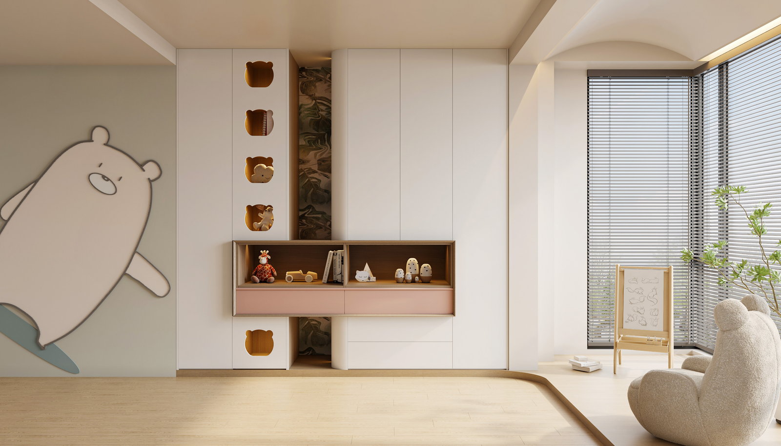 Phòng trẻ em Golden Home với tranh tường hình gấu, kệ mở màu hồng và hệ tủ trắng