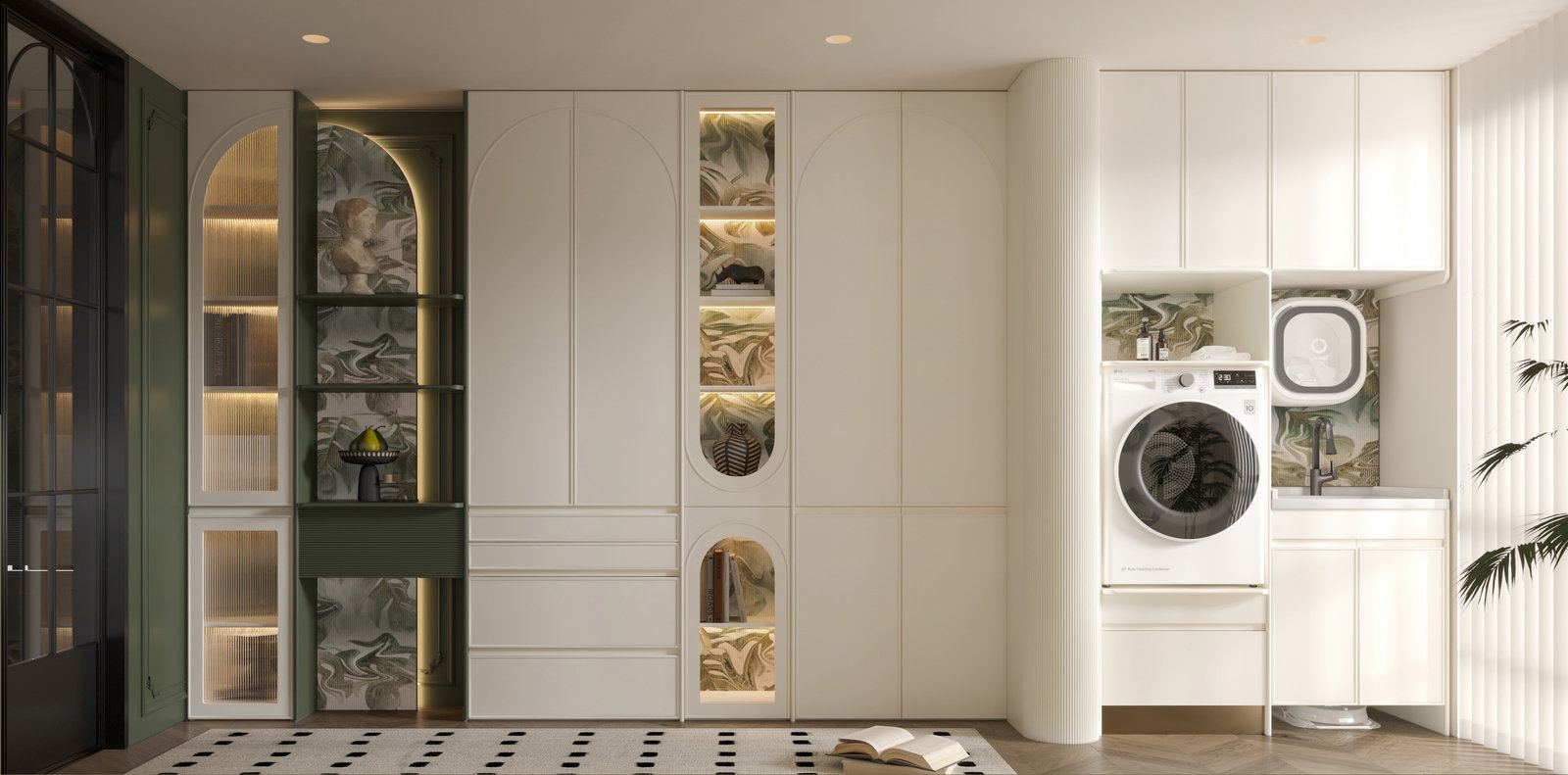 Phòng đồ dùng Golden Home với tủ tông kem và xanh lá, máy giặt và bộ chậu rửa