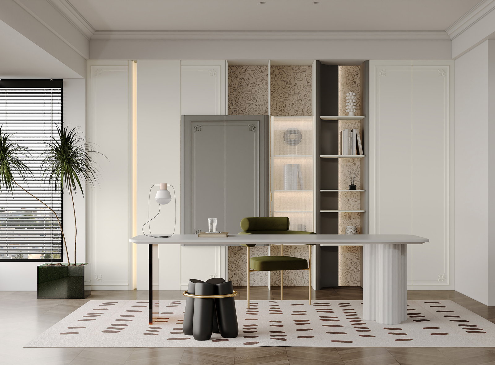 Phòng làm việc Golden Home với bàn bầu dục trắng, tường tủ xám và kệ mở