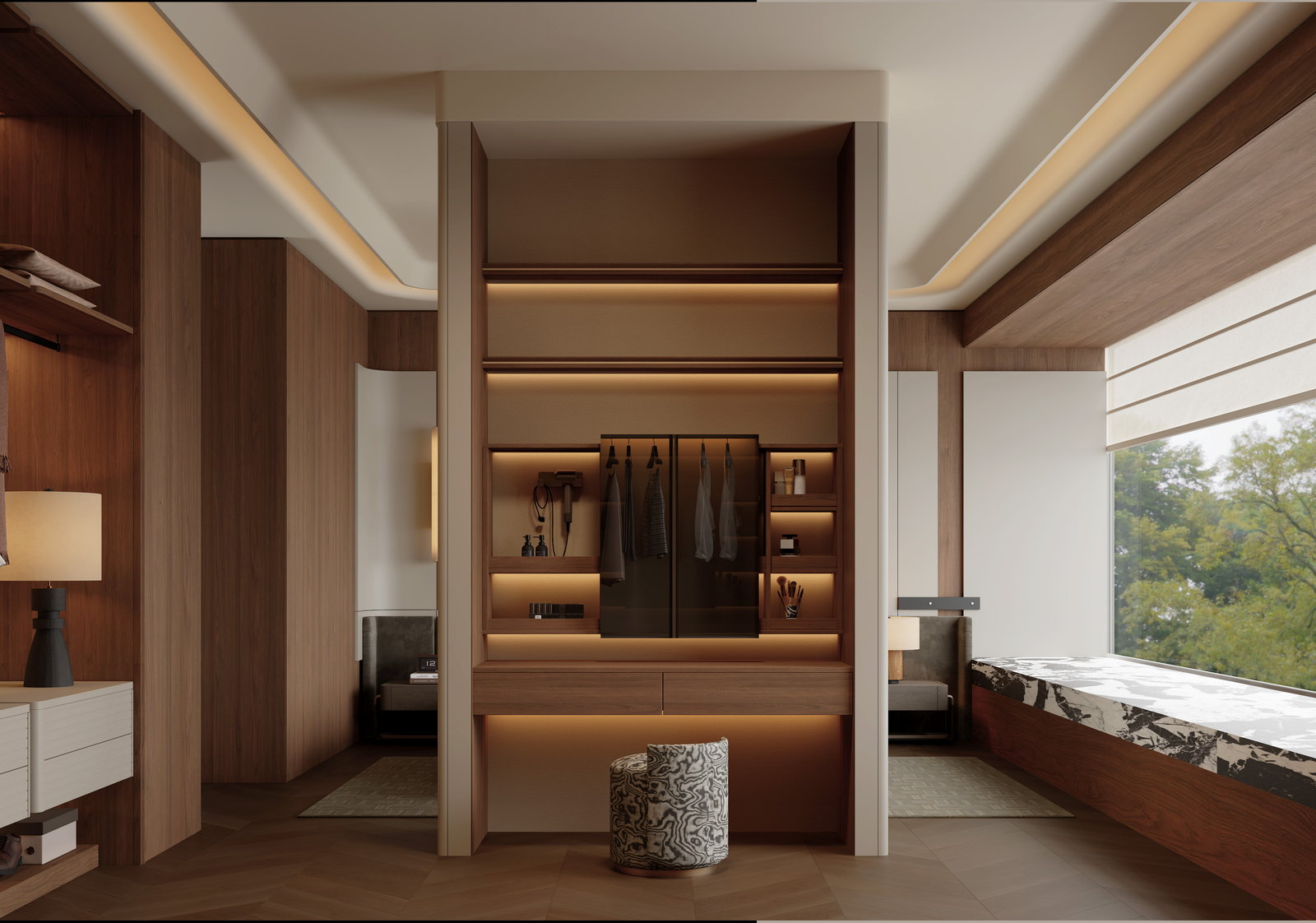 Bộ tủ trang điểm gỗ sồi Golden Home với kệ hắt sáng và tủ áo cánh kính cạnh giường