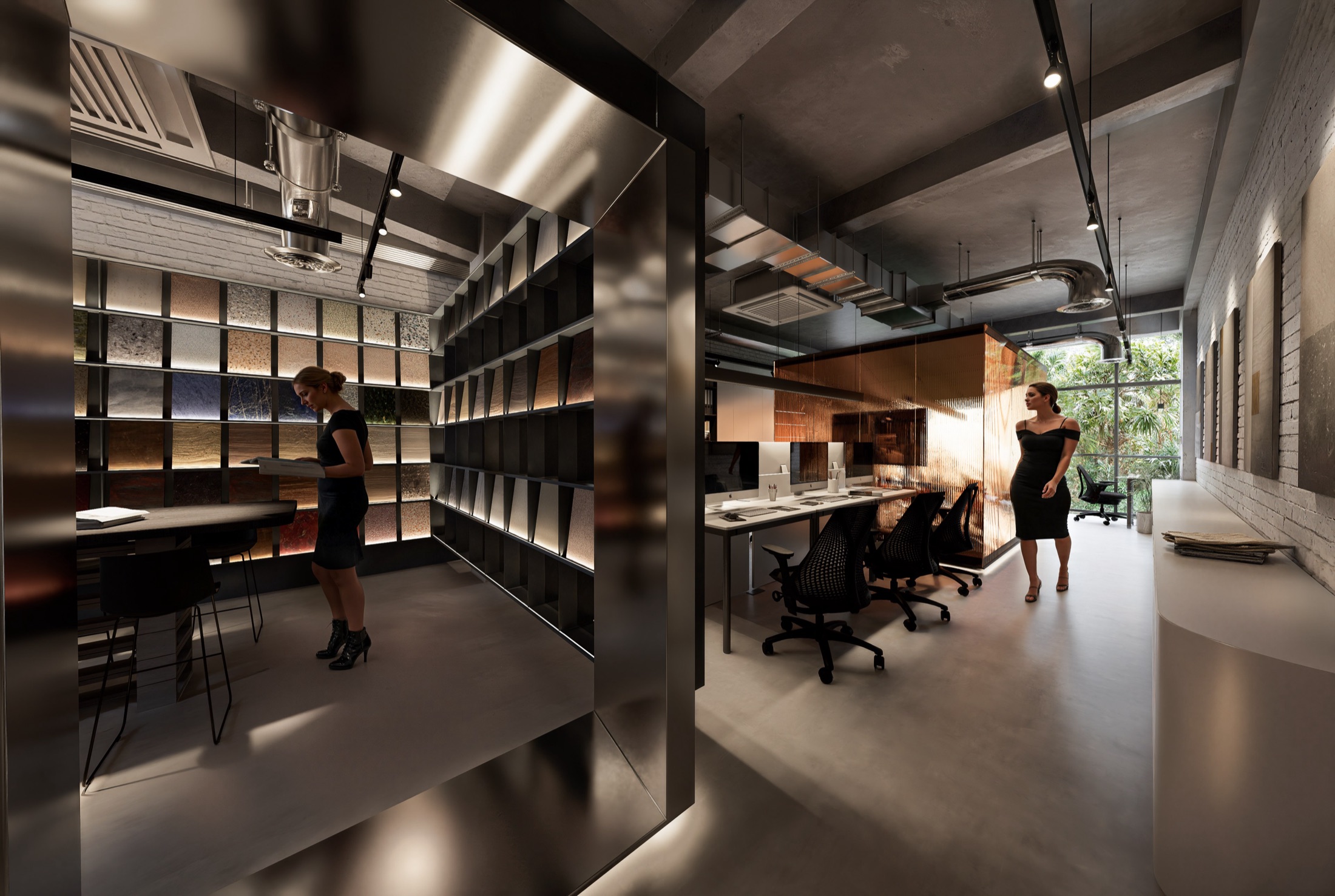 Thư viện vật liệu với sàn studio phía sau, Sukha Office